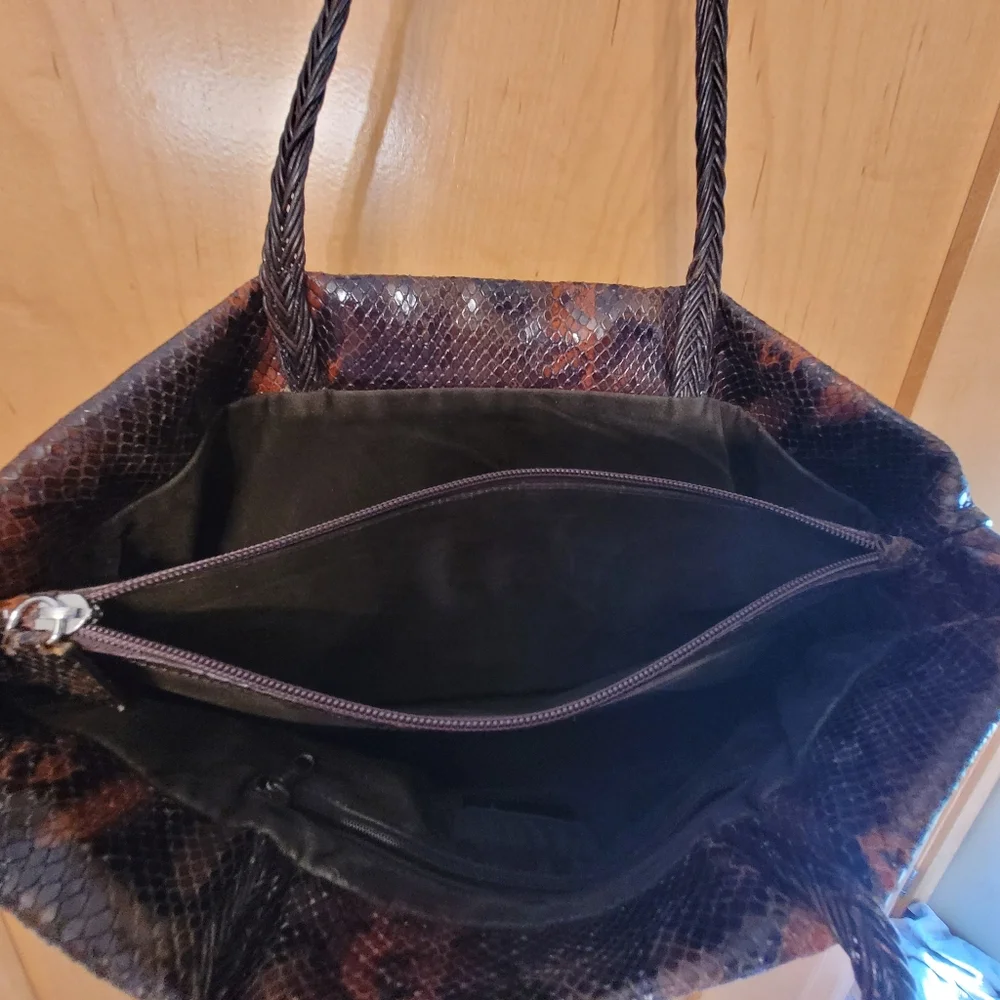 Falor Italian Leather Snakeskin Embossed Shoulder Bag Brown Black - Picture 6 of 14